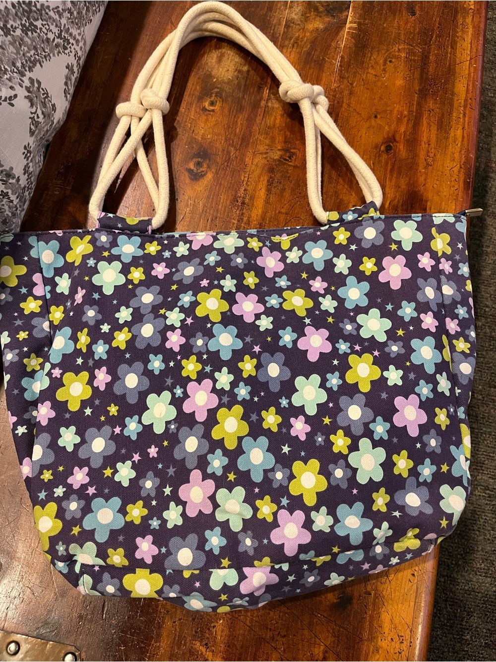 Navy Floral Canvas Rope-Handle Tote